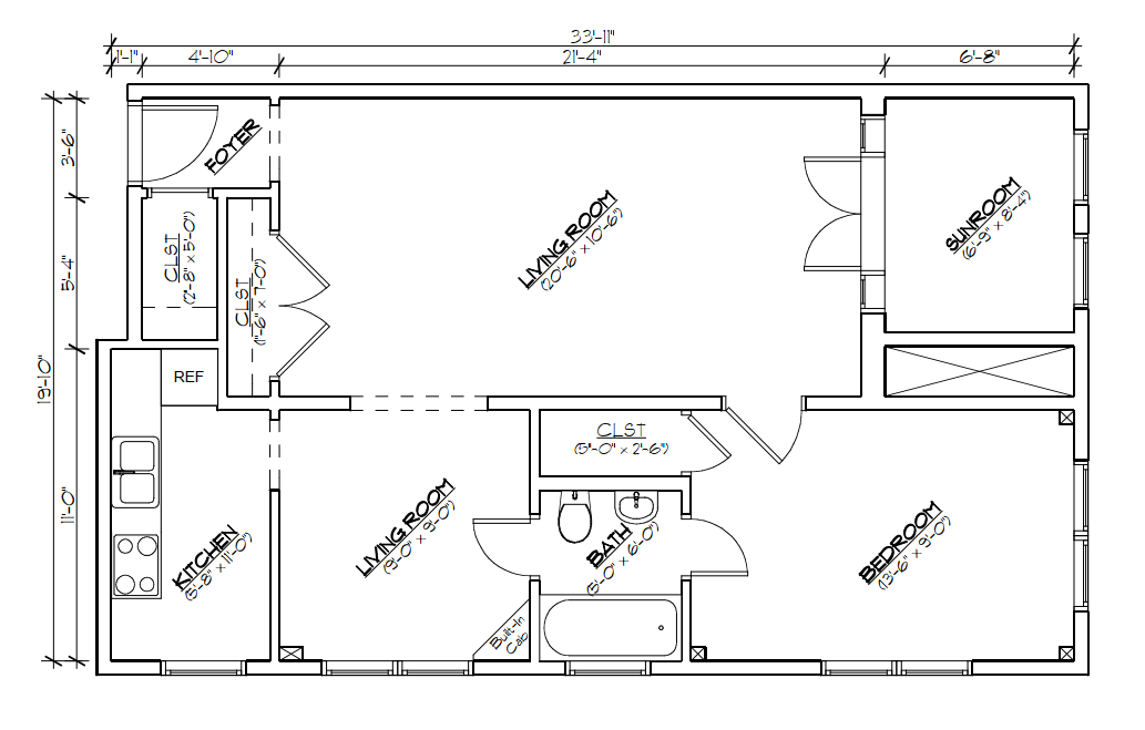 Floor plan for 1 bed, 1 bath, 640 sqft